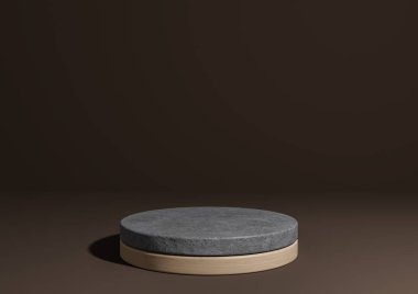 Koyu kahverengi 3D görüntüleme basit ürün gösterimi, doğal minimum arkaplan, betondan yapılmış silindir podyum standı ve doğa ürünleri için ahşap.