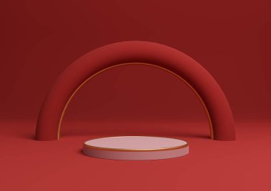 Parlak kestane rengi, koyu kırmızı 3D basit ürün görüntüleme silindir podyumu ya da altın çizgilerle asgari kompozisyon kemer geometrik ve lüks parlaklığa sahip