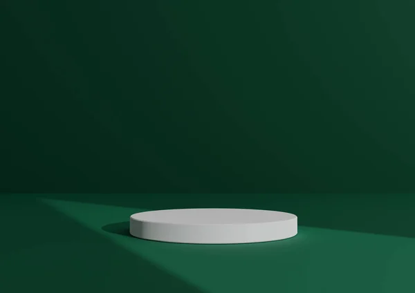 ホワイトシリンダー1個または抽象的な影の上に立つシンプルで最小限の3Dレンダリング構成製品表示のためのダークグリーンの背景製品を指す三角形の光 — ストック写真