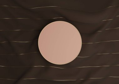 Koyu kahverengi 3D sunucu lüks ürün podyumu ya da altın iplikli tekstil üzerinde duruyor. Üst görünümü düz.