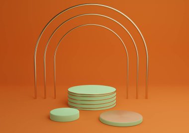Neon turuncu, parlak kırmızı 3D basit ürün görüntüleme silindir podyumları lüks altın kemer ve satır üç asgari arkaplan soyut kompozisyonu