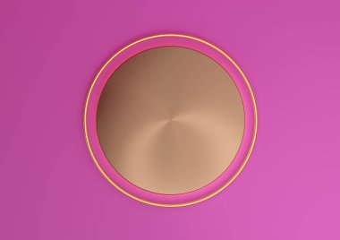 Parlak morumsu, neon pembe 3D görüntüleme sahnesi silindir podyumlu boş ürün sahnesi ya da lüks ürünler için en az, en basit arka plan için en üstte düz ve altın çizgi üzerinde durun