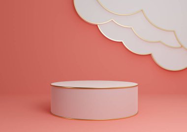 Parlak, neon, somon pembe 3D ürün görüntüleme podyumu ya da soyut bulutlar ve altın çizgilerle ayakta durun en az, en basit kompozisyon arka plan silindir platformu