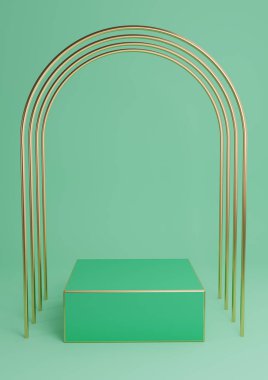 Parlak turkuaz yeşil 3D görüntüleme küp küp podyumu ya da lüks altın kemerler ve altın çizgilerle ayakta durun. Basit arkaplan özeti.