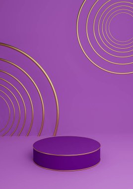 Parlak mor, menekşe rengi 3D görüntüleme minimal ürün lüks silindir podyum veya ürün arkaplan soyut bileşimi altın çizgiler ve daireler