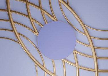Işık, pastel mavi 3D görüntüleme ürünü düz podyum silindir yatar duruş lüks soyut kompozisyon kozmetik ürünleri için altın çizgiler süslemeler yukarıdan en az üst görünüm arkaplan