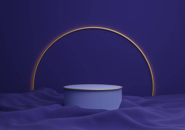 Koyu mavi 3D işlemeli lüks ürün podyumu ya da arka planda altın kemer çizgisi ve açık renkli minimum kompozisyon