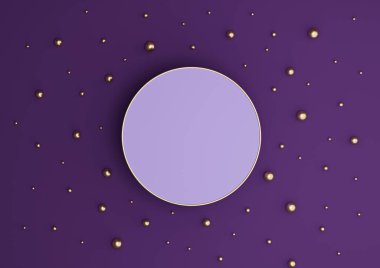 Koyu mor, menekşe rengi 3D işlemeli lüks ürün podyumu ya da altın ve altın misketlerle bezenmiş düz kompozisyonu görmek için minimumda durmak yukarıdan sade bir zemin oluşturur.