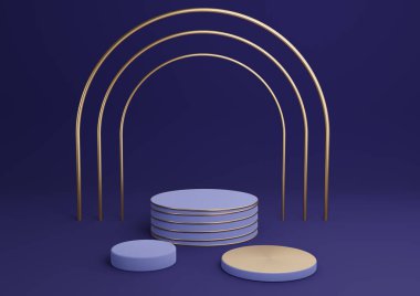 Koyu mavi 3D görüntüleme basit ürün silindir podyumlar lüks altın kemer ve satır üç asgari arkaplan soyut bileşimi