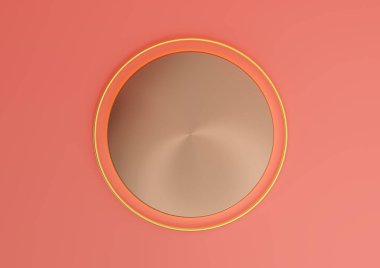 Parlak, neon, somon pembesi 3D boş ürün görüntüleme sahnesi silindir podyum ile ya da üst görünüm düz yatay ve altın çizgi lüks ürünler için az, yukarıdan basit arkaplan