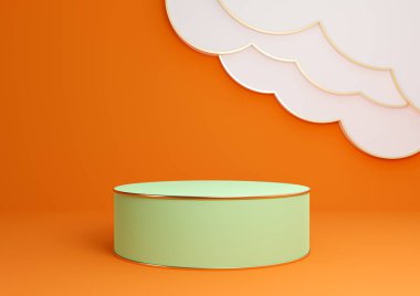 Neon turuncu, parlak kırmızı 3D ürün görüntüleme podyumu ya da soyut bulutlar ve altın çizgilerle ayakta durun. Minimum, basit kompozisyon arka plan silindiri.