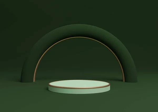 ダークで温かみのあるグリーンの3Dレンダリングシンプルな製品表示シリンダーの表彰台やアーチ幾何学的かつ豪華な輝きと黄金のライン最小限の組成でスタンド — ストック写真