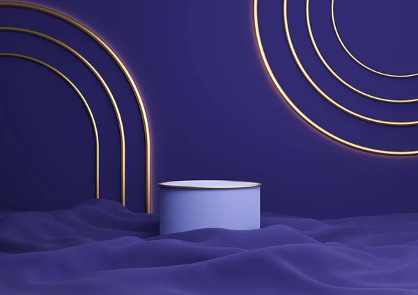 Dark blue 3D rendering luxurious product display cylinder podium or stand with golden lines minimal composition with an arch geometric shining lights