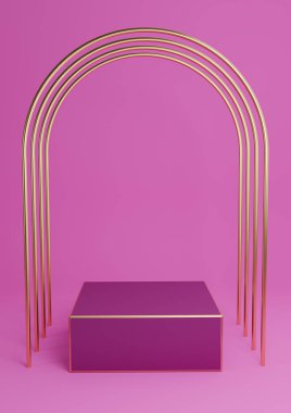 Parlak morumsu, neon pembe 3D işlemeli, en az ürün sergilenen küp kürsü ya da lüks altın kemerler ve altın çizgilerle ayakta durun. Basit arkaplan özeti.