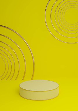 Parlak, neon sarısı 3D görüntüleme minimal ürün lüks silindir podyum veya ürün arkaplan soyut bileşimi altın çizgiler ve daireler