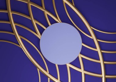 Koyu mavi 3D görüntüleme ürünü düz podyum podyum silindiri yukarıdan en düşük görünüm arkaplanından kozmetik ürünler için altın çizgiler süslemeleri içeren lüks soyut kompozisyon duruşu