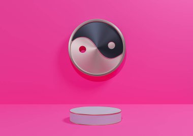 Parlak morumsu, neon pembesi renkte, 3D renkte arkaplan görüntüsü basit, metalik Yin ve Yang sembol podyumu asgari düzeyde ya da altın çizgili, doğa için zemin, kozmetik, lüks ürün fotoğrafçılığı
