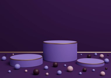 Üç podyumun koyu mor, menekşe rengi 3 boyutlu sunumu ürün sunumu veya lüks ürünler veya eğlence amaçlı şekerlemeler için altın çizgiler ve renkli misketler sergileniyor.
