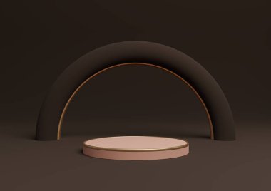 Koyu kahverengi 3D basit ürün görüntüleme silindiri podyumu ya da kemer geometrik ve lüks bir ışıltıyla altın çizgilerle asgari bileşim