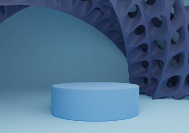 Parlak, açık mavi 3D ürün görüntüsü silindir duruşu veya podyum ve fütüristik soyut geometrik şekiller modern arkaplan şablonu