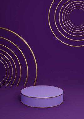 Koyu mor, menekşe rengi 3D görüntüleme minimal ürün lüks silindir podyum veya ürün arkaplan soyut bileşimi altın çizgiler ve daireler