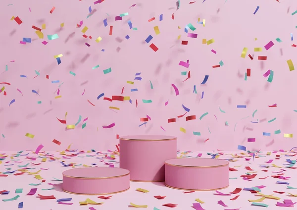 Açık, pastel, lavanta pembesi 3D rengarenk ürünler. Renkli konfeti kutlaması yıldönümü reklamları ve lüks ürünler için altın çizgiler içeren üç podyum tezgahı sergiliyor. Basit, minimum arkaplan.