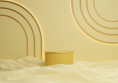 Ilık, hafif, parlak, pastel sarısı 3D lüks ürün görüntüleme silindir podyumu ya da kemerli geometrik ışıklarla en düşük kompozisyonda altın çizgilerle ayakta durun