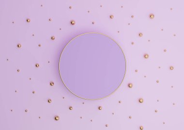 Işık, pastel, lavanta rengi mor 3D sunum podyumu ya da altın ve altın misketlerle bezenmiş düz kompozisyonu görmek için minimal duruş yukarıdan basit bir arkaplan