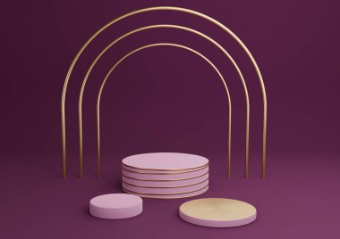 Koyu mor, mor 3D basit ürün görüntüleme silindiri podyumları lüks altın kemer ve üçüncü çizgiler asgari arkaplan özeti.