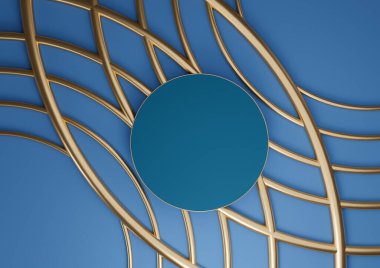 Parlak, koyu, pastel mavi, rengarenk 3D sunucu düz podyum silindirli lüks soyut kompozisyon ve kozmetik ürünleri için altın çizgiler yukarıdan en az görünüm arkaplanı