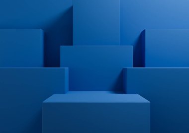 Parlak, koyu, pastel mavisi 3D basit, ürün gösterim podyumu için minimal arkaplan oluşturma, sunum için ayakta durma geometrik arkaplan güzellik kozmetik ürünleri için şablon duvar kağıdı maketi