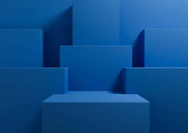 Parlak, koyu, pastel mavisi 3D basit, ürün gösterim podyumu için minimal arkaplan oluşturma, sunum için ayakta durma geometrik arkaplan güzellik kozmetik ürünleri için şablon duvar kağıdı maketi