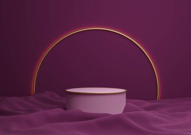 Koyu morumsu, mor 3D işlemeli lüks ürün podyumu ya da arka planda altın kemer çizgisi ve açık renkli minimum kompozisyon