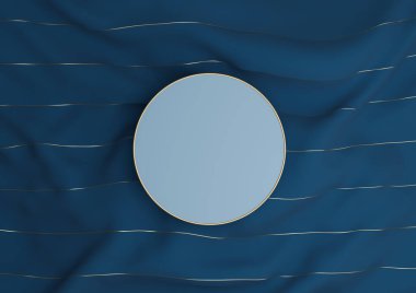 Koyu, su mavisi 3D sunucu lüks ürün podyumu ya da altın iplikli tekstil üzerinde dikilip üstten düz bir görünüm oluşturur.