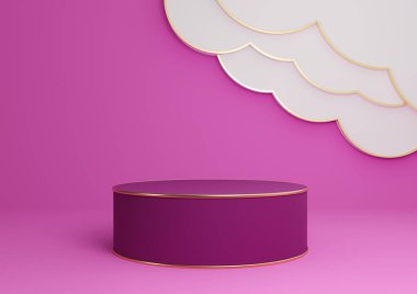 Parlak morumsu, neon pembe 3D ürün görüntüleme podyumu ya da soyut bulutlar ve altın çizgilerle ayakta durun. Minimum, basit kompozisyon arka plan silindiri.