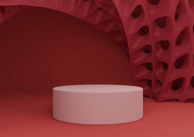Parlak kestane rengi, koyu kırmızı 3D rendelenmiş ürün görüntüsü silindir standı veya podyum ve fütüristik soyut geometrik şekiller modern arkaplan şablonu minimal şablonu