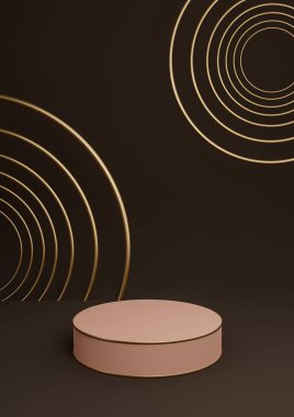 Dark brown 3D rendering minimal product display luxury cylinder podium or product background abstract composition with golden lines and circles