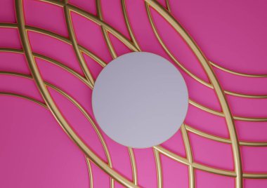 Parlak morumsu, neon pembe 3D rendelenmiş ürün düz podyum silindirli duruş lüks soyut kompozisyon ve kozmetik ürünleri için altın çizgiler yukarıdan en az görünüm arkaplanı