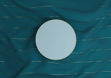 Koyu deniz mavisi, su mavisi 3D ürün görüntüleme podyumu ya da altın iplikli tekstil üzerinde dikilip yukarıdan düz bir görünüm oluşturur.