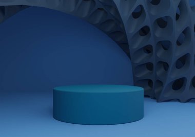 Parlak, koyu, pastel mavisi 3D ürün görüntüsü silindir standı veya podyum ve fütüristik soyut geometrik şekiller modern arkaplan şablonu