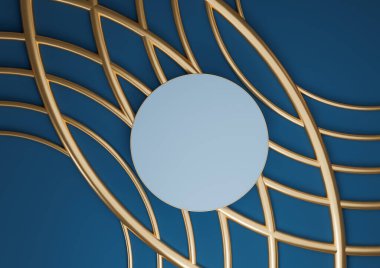 Koyu, su mavisi 3D görüntüleme ürünü düz podyum silindir duruş lüks soyut kompozisyon kozmetik ürünleri için altın çizgiler süslemeler yukarıdan en az üst görünüm arkaplan