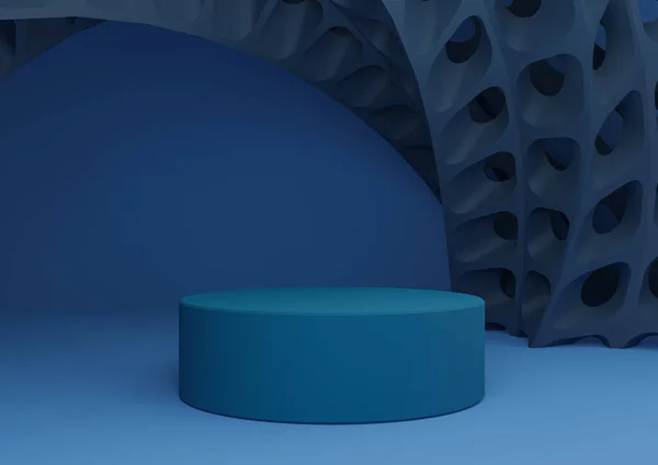 Parlak, koyu, pastel mavisi 3D ürün görüntüsü silindir standı veya podyum ve fütüristik soyut geometrik şekiller modern arkaplan şablonu