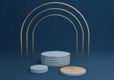 Koyu, su mavisi 3D basit ürün görüntüleme silindir podyumları lüks altın kemer ve satır üç asgari arkaplan soyut bileşimi