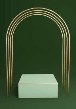 Koyu yeşil, 3 boyutlu, en az ürün sergilenen küp küp podyumu ya da lüks altın kemerler ve altın çizgilerle ayakta durmak. Basit arkaplan özeti.