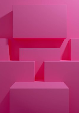 Parlak morumsu, neon pembe 3D görüntüleme ürünü arka planı basit, minimum, geometrik duvar kağıdı ürün fotoğrafçılığı veya reklam sunumu şablonu için podyum standı