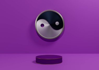 Parlak mor, menekşe rengi 3D görüntüleme arkaplanı basit, metalik Yin ve Yang sembollü minimal podyum ya da altın çizgili, doğa için zemin, kozmetik, lüks ürün fotoğrafçılığı