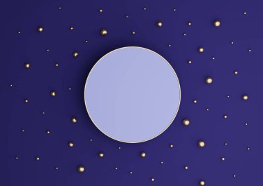 Lükse dayalı 3D görüntüleme podyumu ya da altın ve altın bilyeli düz kompozisyonu görmek için minimal duruş yukarıdan sade arka plan düşer