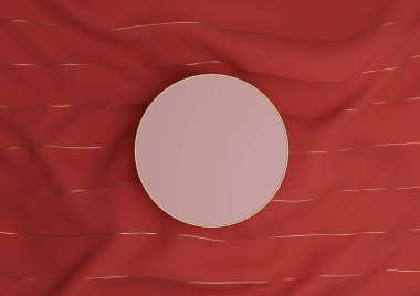 Parlak kestane rengi, koyu kırmızı 3D işlemeli lüks ürün podyumu ya da altın iplikli tekstil üzerinde dimdik ayakta duruyor.