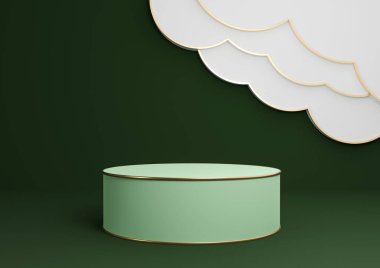 Koyu yeşil, 3D ürün görüntüleme podyumu ya da soyut bulutlar ve altın çizgilerle ayakta durun. Minimum, basit kompozisyon arka plan silindiri.