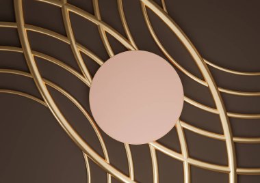 Dark brown 3D rendering product display flat lay podium cylinder stand luxurious abstract composition with golden lines ornaments for cosmetic products minimal top view background from above